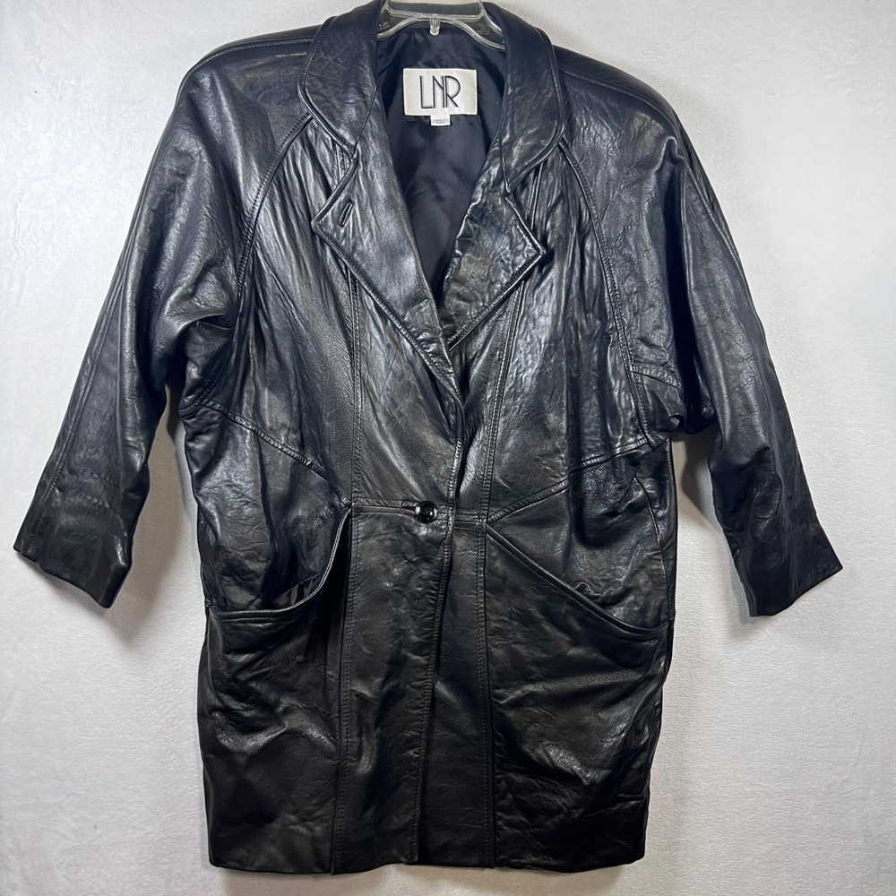 Vintage LNR Black Genuine Leather Trench Coat Longline Jacket Made in Korea L